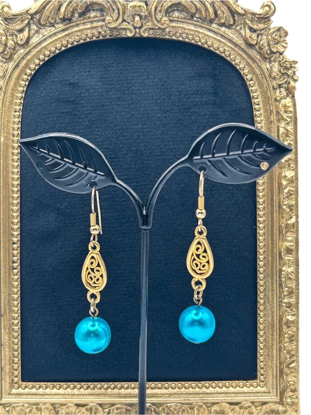 Vintage Gold Tone Filigree Drop Earrings with Teal Blue Faux Pearls